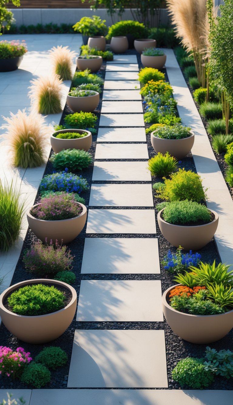 A garden with large pots placed along narrow planting areas filled with various green plants and flowers.